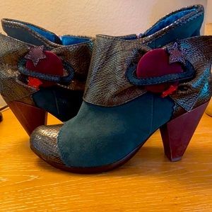 Irregular Choice bootie, Dark Green suede with multicolor trim.